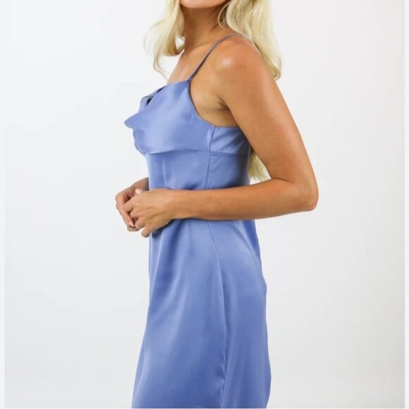 NWT WeWoreWhat Revolve Blue Slate Periwinkle Satin Midi Cowl Neck Dress Size 0 - Picture 3 of 12